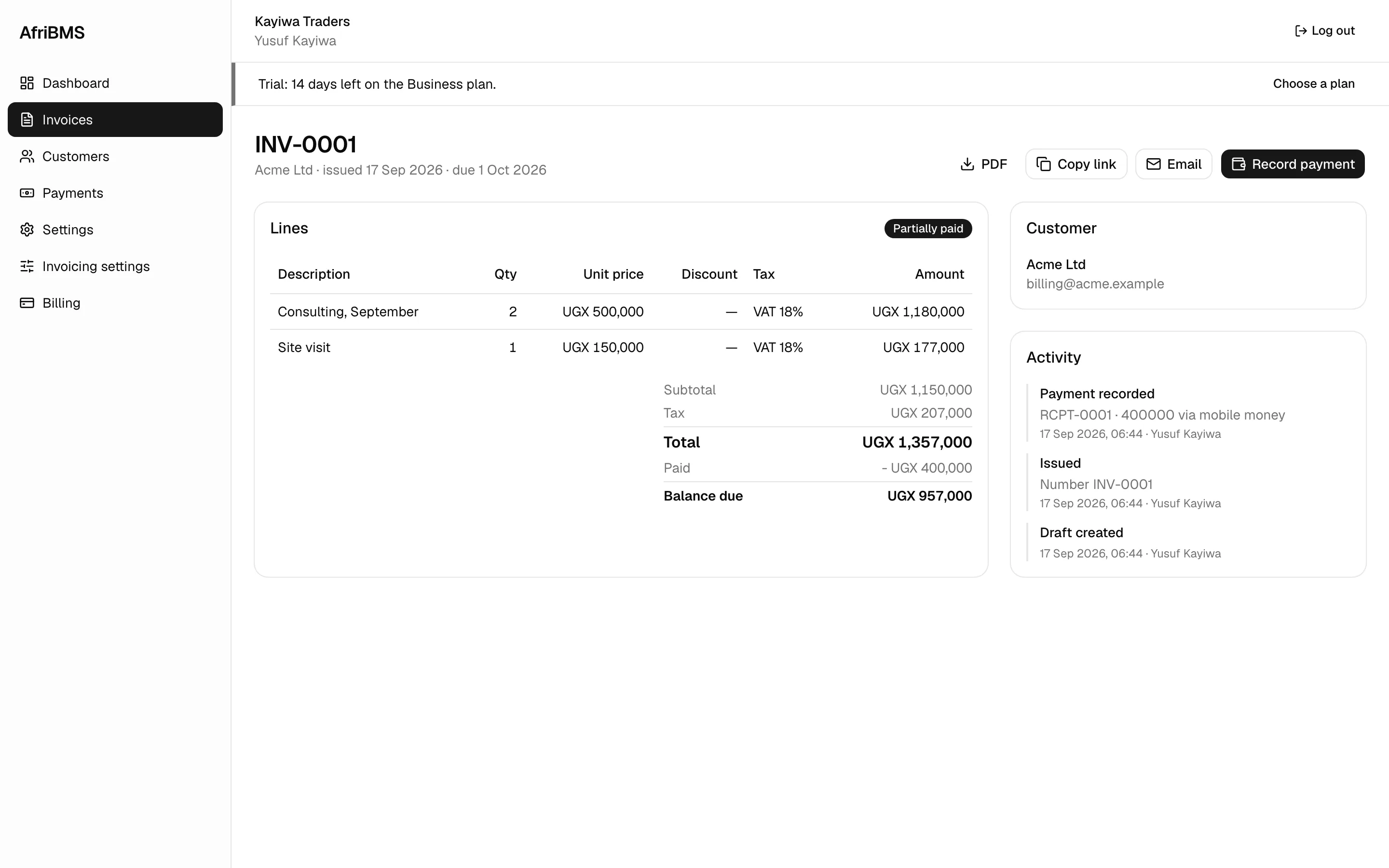 Invoicing in AfriBMS: one customer list, with its history