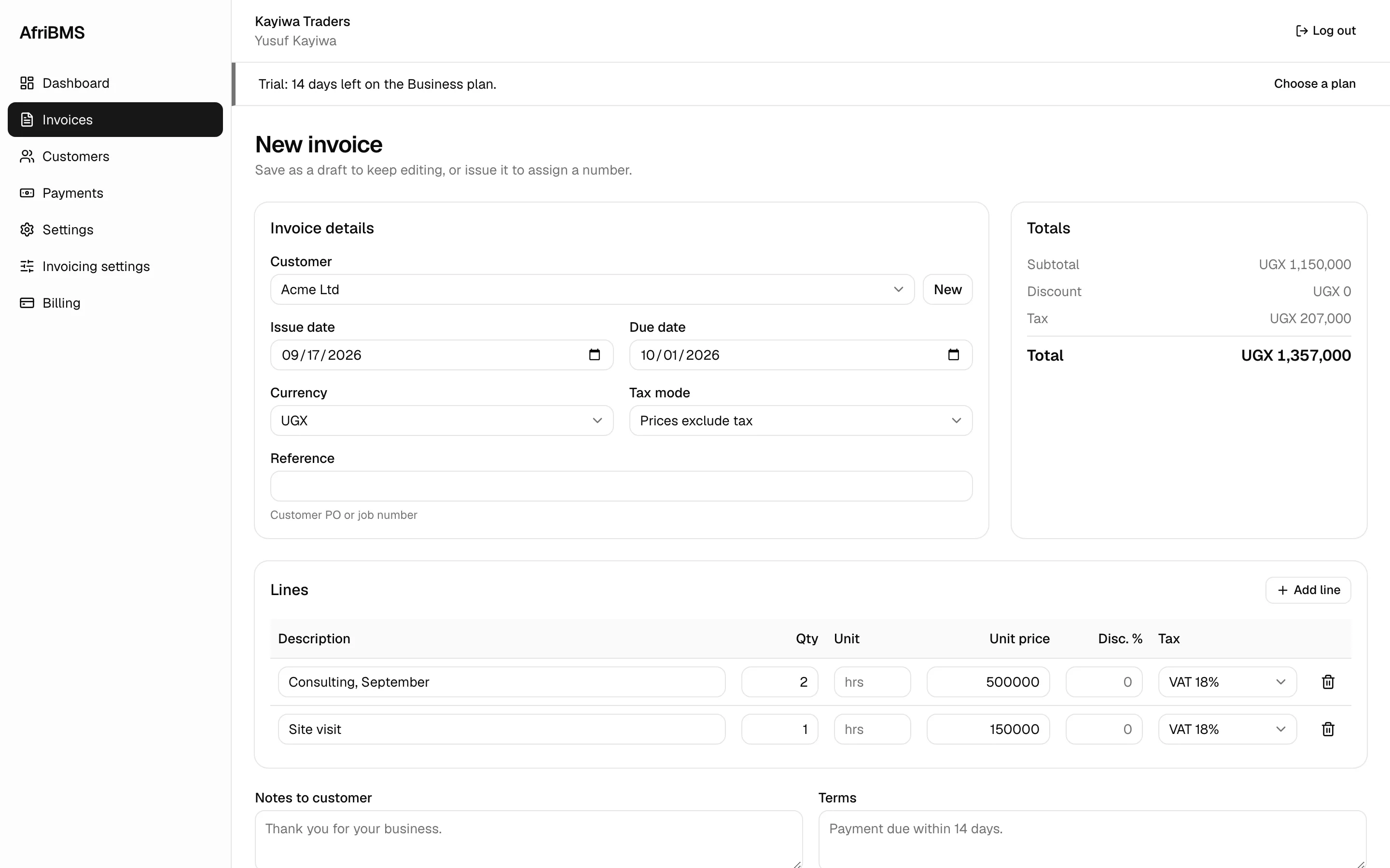 Invoicing in AfriBMS: invoices in the currency you sell in