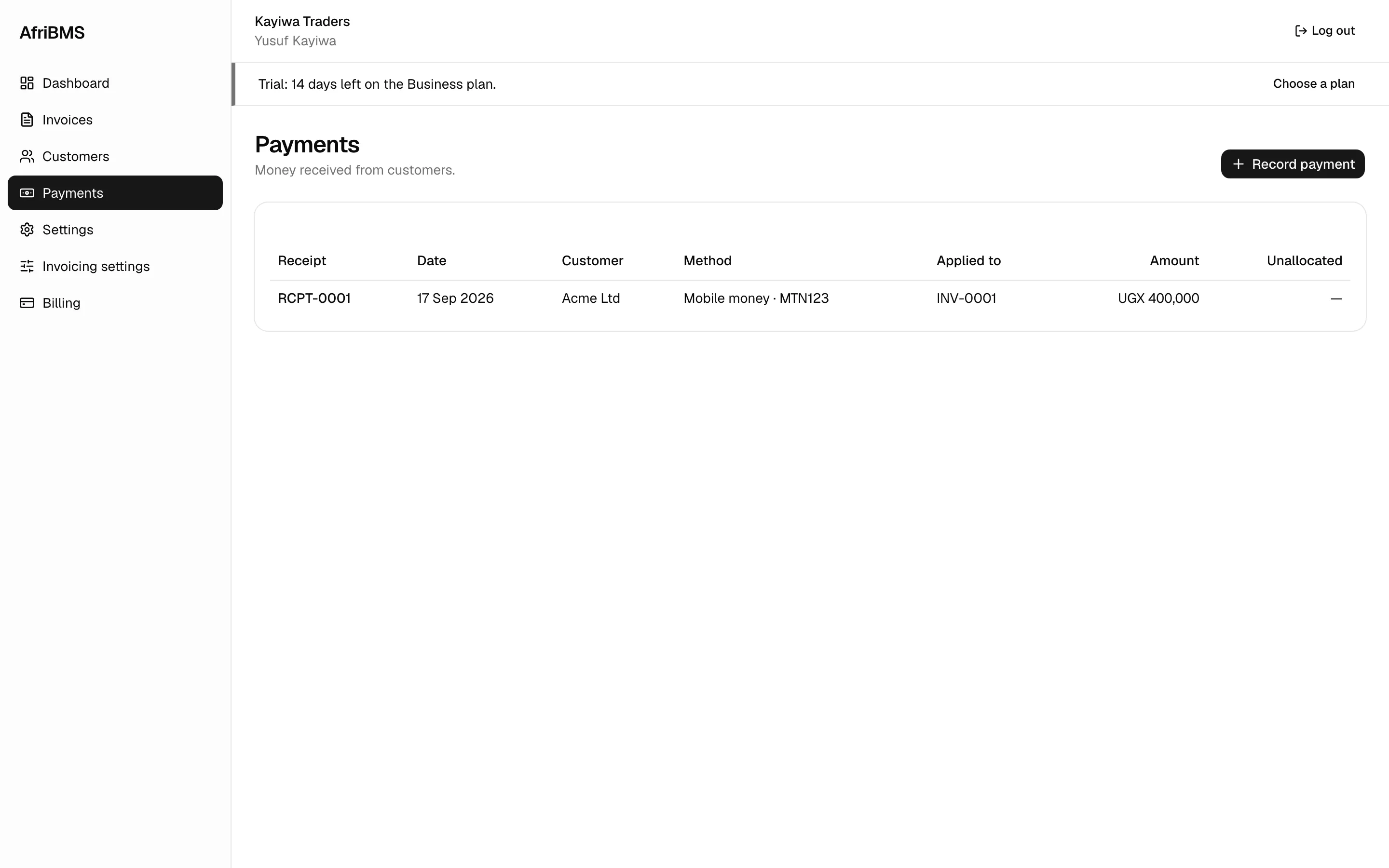 Invoicing in AfriBMS: mobile money, bank and cash in one record