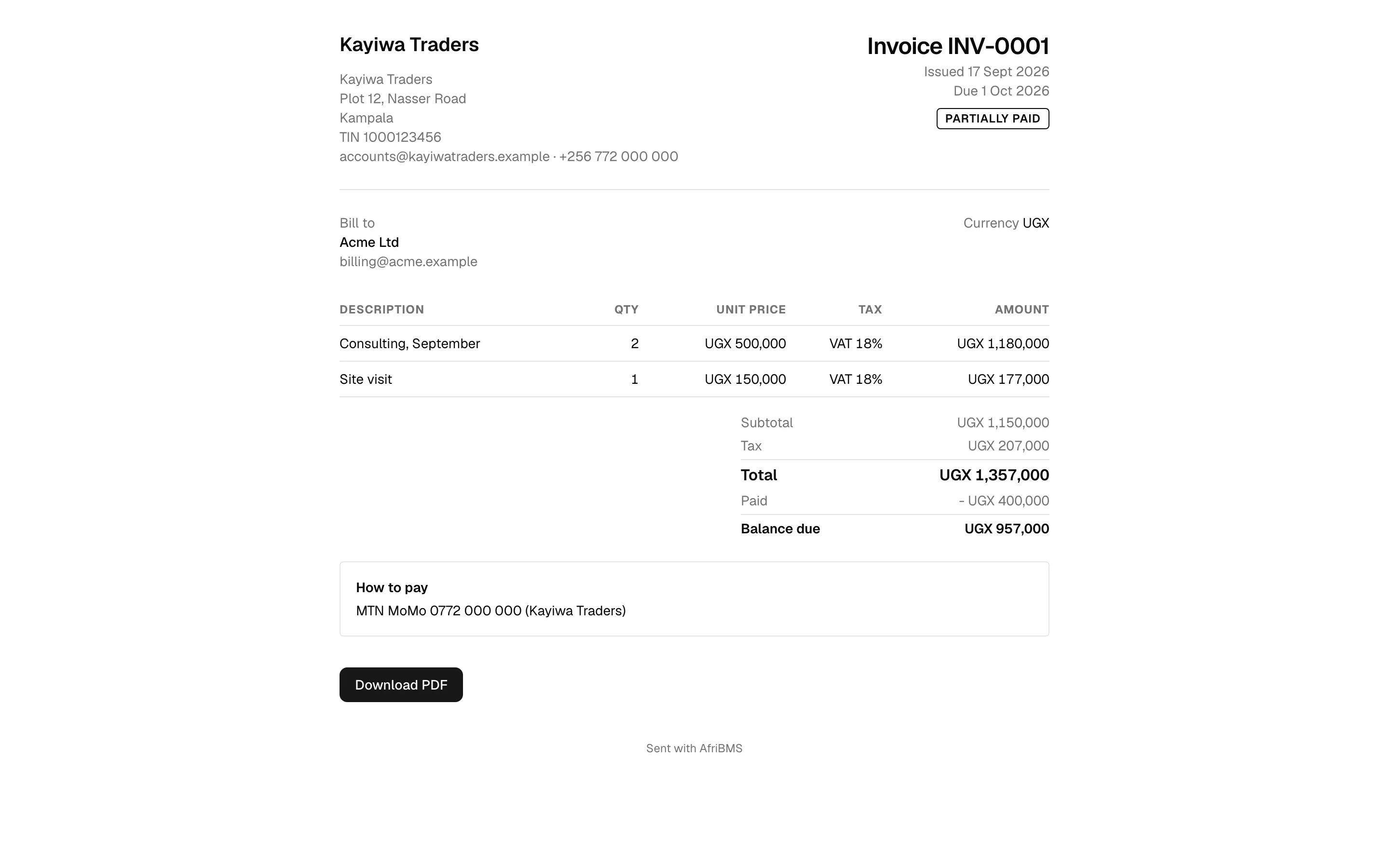 Invoicing in AfriBMS: a link your customer can open on any phone